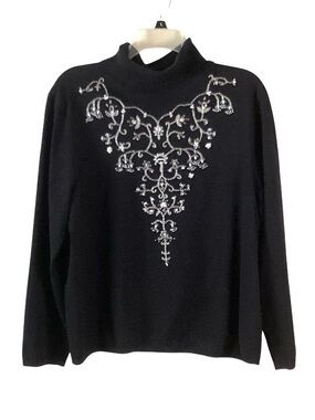 Judith Hart Silk Black Embellished Turtleneck Women's Sweater 1X